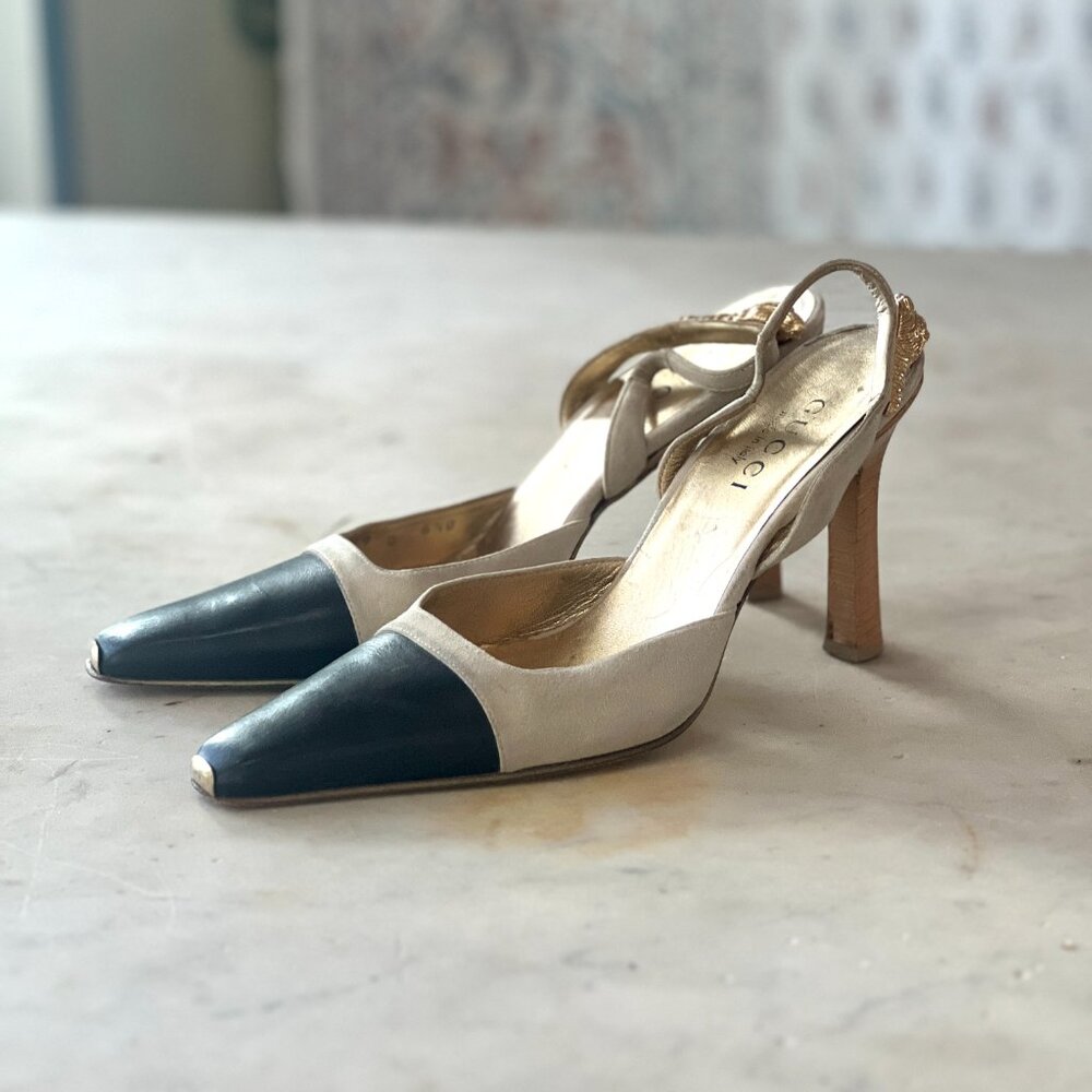 Tom Ford Era Gucci Gold Tiger Black and Tan Cap Toe Heels Shoes